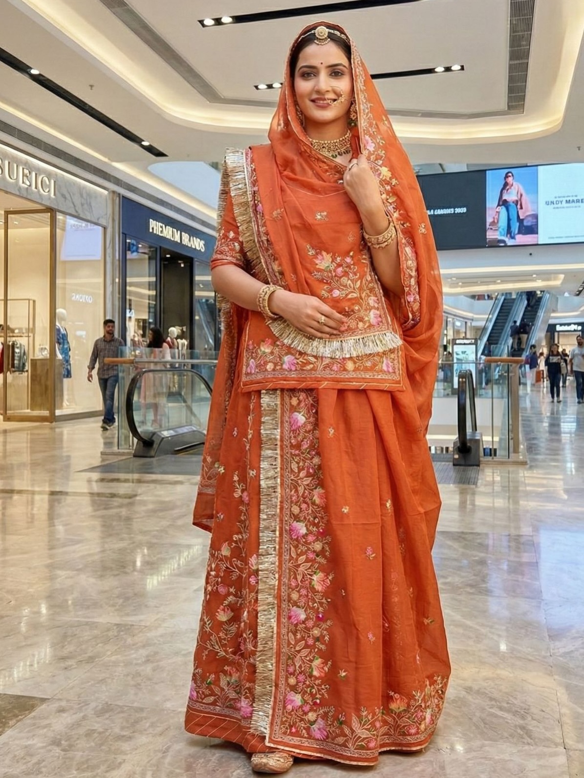 A collection of traditional Indian ethnic outfits featuring colorful lehengas, sarees, and salwar suits worn by women in royal heritage locations and festive settings.
